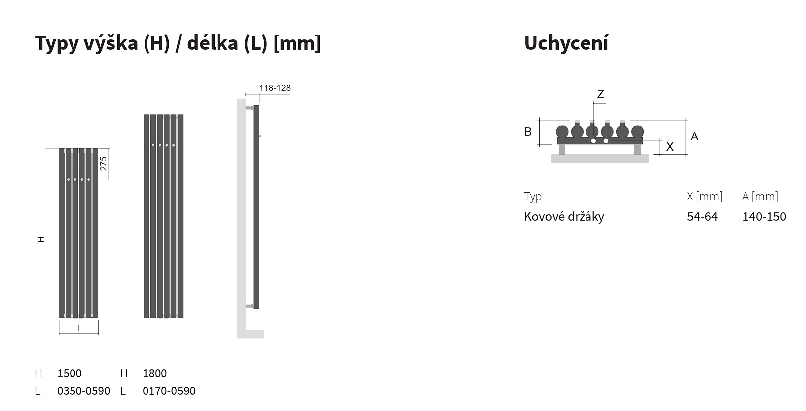 Koupelnový radiátor Akros s háčky ISAN Melody technický výkres